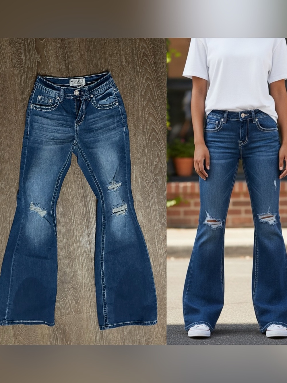 Embellished Y Flare Blue jeans Y2K Size 1/2 VGC DISTRESSED